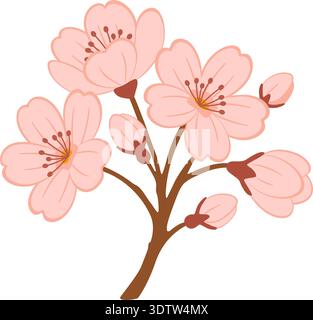 Sakura branch. Blooming cherry blossom branch with pink flowers and buds. Hand drawn trendy flat style. Ideal for spring greetings, floral decor, and Japanese themed designs. Vector illustration Stock Vector