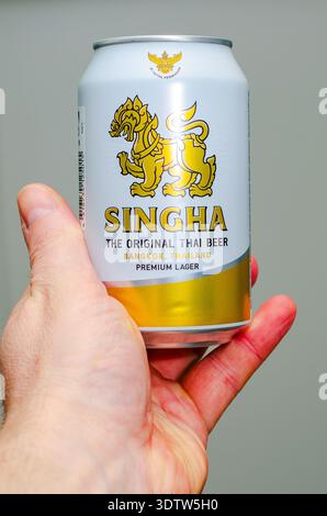 ISERLOHN, GERMANY — FEBRUARY 23, 2026: can of Singha Thai beer held in hand against neutral background Stock Photo
