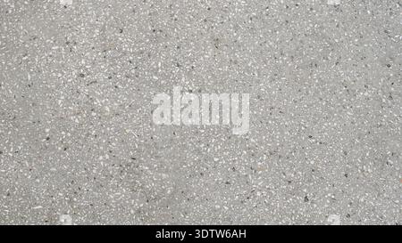 Light gray terrazzo concrete surface with small white and dark stone chips, flat lay texture background. Stock Photo
