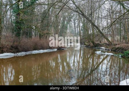 A park on a winter day. The ground, paths, trees, and benches are covered with a layer of snow. Stock Photo