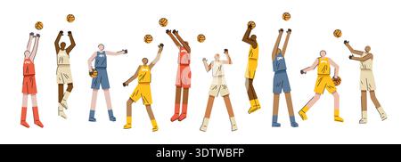 Basketball players in various poses. Set of vector icons isolated on white background Stock Vector