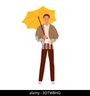 Spring rain. Young man with umbrella in casual fashionable clothes standing full length. Vector illustration in flat style. Stock Vector