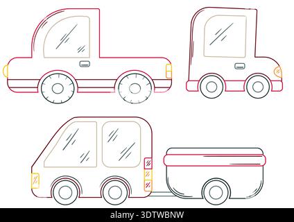 Set of colored outline vector cars. Vehicles shown from side view with simple rounded shapes and dark wheels. Perfect for kids designs, coloring pages Stock Vector