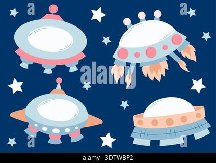 Cute flat space illustration with colorful UFO and stars on blue background. Cartoon style spaceships with bright flames perfect for kids design, nurs Stock Vector