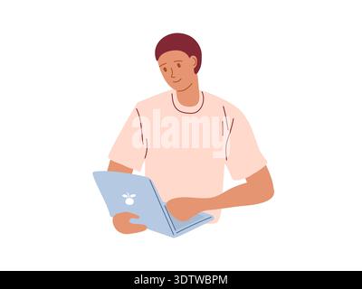 Man in simple t shirt holds laptop in hands. Vector illustration. everyday technology use, remote work, online learning Stock Vector