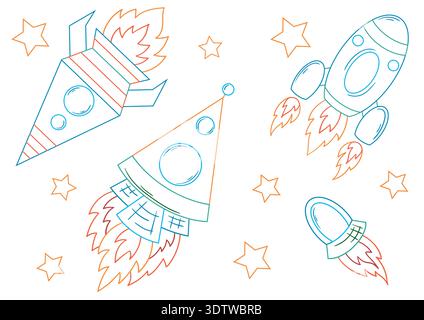 Set of colored outline space illustration with rockets, UFO and stars. Spaceships with bright flames. Perfect for kids coloring pages Stock Vector