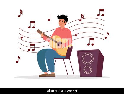 Guitarist on stage. Young man sits on chair and plays guitar. Around musical notes signs. Vector illustration. Stock Vector
