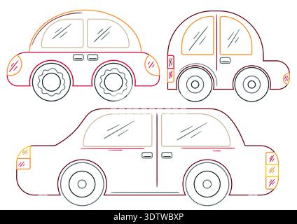 Set of colored outline vector cars. Vehicles shown from side view with simple rounded shapes and dark wheels. Perfect for designs, coloring pages, pos Stock Vector