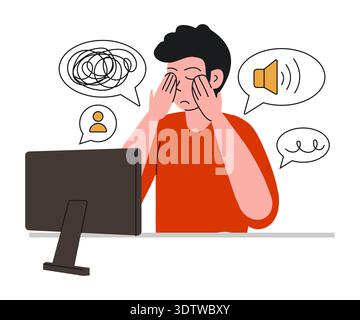 Person rubs eyes from fatigue, from working with computer monitor. Work fatigue doodle vector illustration. Office work. Stock Vector