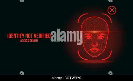 Futuristic Red Face Recognition Interface Displaying Identity Not Verified Access Denied Stock Vector