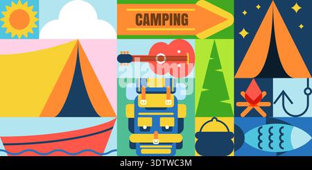 Summer camping banner poster with geometric layout. Background with tent, backpack, campfire. Vector design elements for outdoor adventure, recreation Stock Vector