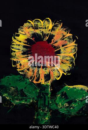 dark painting of sunflower with a black background and abstract paint painted using acrylic paint Stock Photo