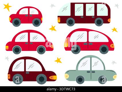 Set of cute cartoon cars in flat vector style. Vehicles shown from side view with simple rounded shapes and dark wheels. Perfect for kids designs, nur Stock Vector