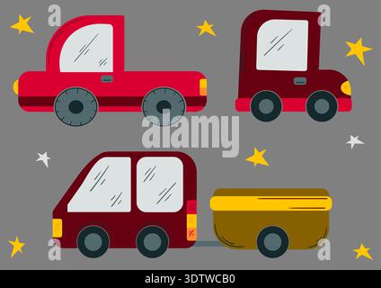 Set of cute cartoon cars in flat vector style. Vehicles shown from side view with simple rounded shapes and dark wheels. Perfect for kids designs, nur Stock Vector