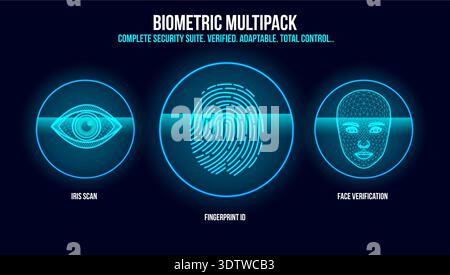 Biometric Multipack Iris Scan, Fingerprint ID, and Face Verification Digital Interface Stock Vector