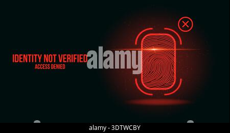 Futuristic Red Fingerprint Biometric Scanner Interface Identity Not Verified Access Denied HUD Stock Vector