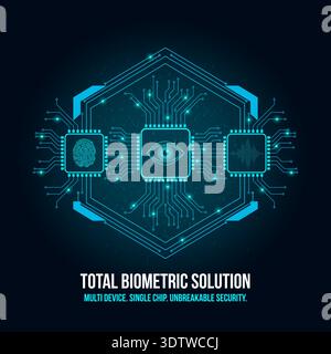 Total Biometric Solution Integrated Microchip for Fingerprint, Iris, and Voice Authentication Stock Vector