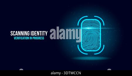 Biometric Fingerprint Scanning Identity Verification with Futuristic Blue Neon HUD Interface Stock Vector