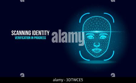 Biometric Facial Recognition Scan with Digital Wireframe and Identity Verification Text Stock Vector
