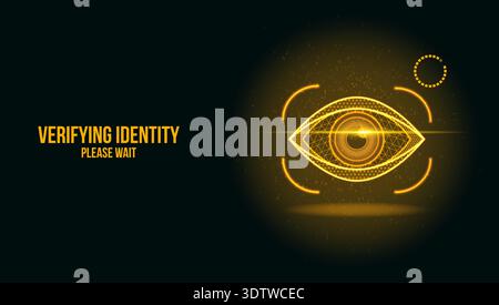 Futuristic Biometric Eye Scanner Interface with Yellow Glow and Digital Data Particles Stock Vector