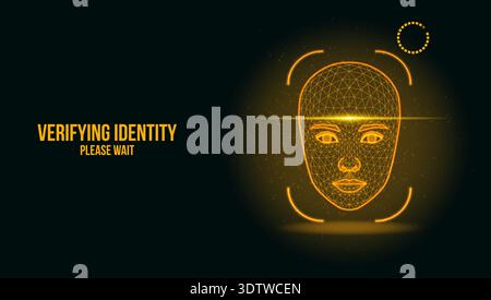 Futuristic Face Recognition Biometric Interface with Yellow Wireframe Mesh and Loading HUD Stock Vector