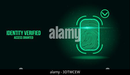 Futuristic Fingerprint Biometric Scanner Interface with Green Identity Verified Success HUDs Stock Vector