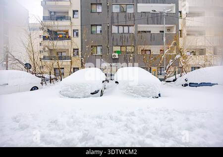 View of cars completely buried under a thick layer of fresh snow parked ...