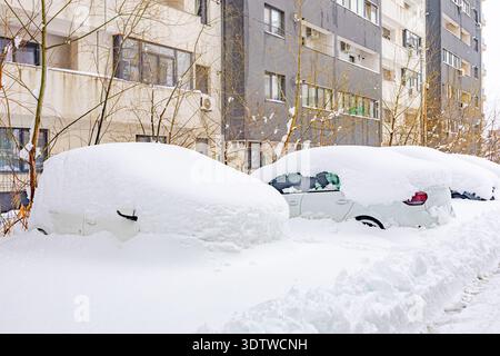 View of cars completely buried under a thick layer of fresh snow parked ...