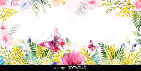 Horizontal long floral spring frame with mimosa . Hand drawn. Not AI, vector illustration Stock Vector