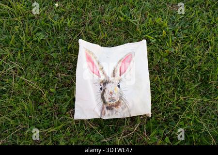 Totebag with decorative easter bunny. Handpainted Stock Photo