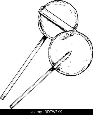 Hand drawn ink vector illustration of two round lollipops on sticks. Sketchy style candy clipart suitable for confectionery packaging, sweet shop Stock Vector