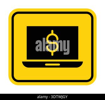This graphic features a laptop icon with a dollar symbol on a vibrant yellow background, ideal for topics related to finance, investments, and online Stock Vector