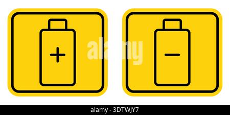 Illustrative icons depicting battery status with positive and negative symbols on a vibrant yellow background. Simple and effective design for technol Stock Vector