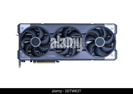 Front view of high performance triple fan graphics card isolated on white background, advanced gpu for gaming and computing workloads Stock Photo