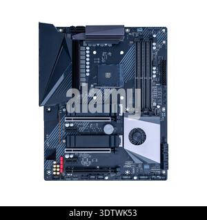 Full size desktop motherboard isolated on white background without processor, modern computer hardware platform for gaming and workstation systems Stock Photo