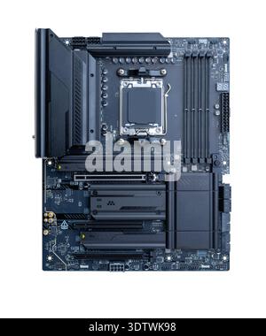Full size modern motherboard isolated on white background, computer hardware platform for gaming, workstation and high performance computing systems Stock Photo