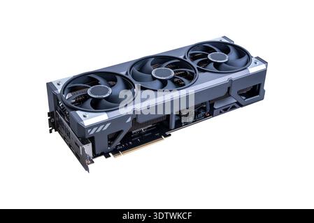 Modern triple fan graphics card isolated on white background, powerful gpu hardware for gaming and professional rendering systems Stock Photo