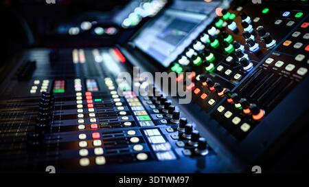 Professional sound and audio adjusting control panel with buttons, sliders and display. Digital music record mixer equipment for dj and musician media production Stock Photo