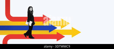 Collage of a Woman Standing on Colorful Arrows Showing Different Directions in a Modern Style Stock Photo