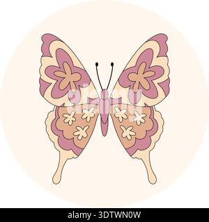 Retro Groovy Butterfly Floral Sticker Stock Vector