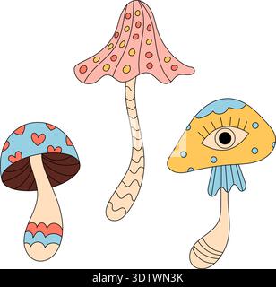 Groovy Psychedelic Cartoon Mushroom Sticker Stock Vector