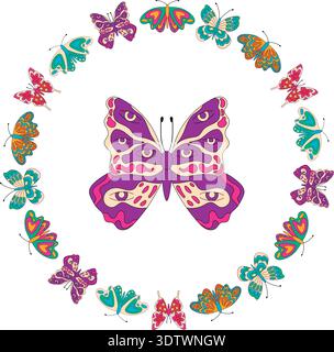 Groovy Y2K Butterfly Floral Circle Pattern Stock Vector