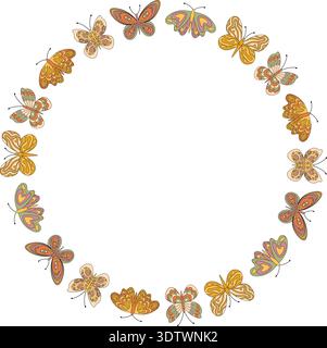 Groovy Retro Butterfly Circle Border Frame Seamless Pattern Stock Vector