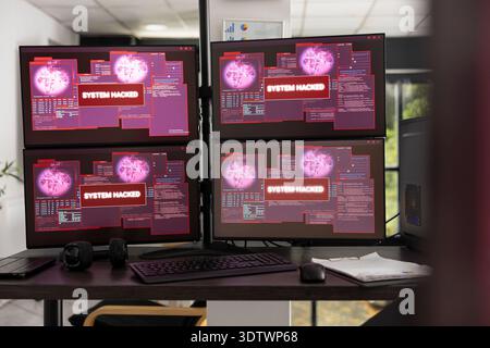 Computer screens in vacant office display hacking alerts and security breach warnings. Multiple monitors in software company show signs of cyberattack, highlighting digital security threats. Stock Photo