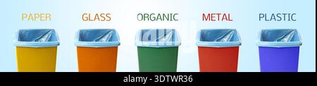 Garbage cans in different colors for waste separation on light blue gradient background. Each for different types of trash Stock Photo