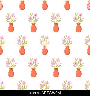 Seamless spring pattern with pink flowers in orange ceramic vase on white background. Vector cozy seasonal print  Stock Vector