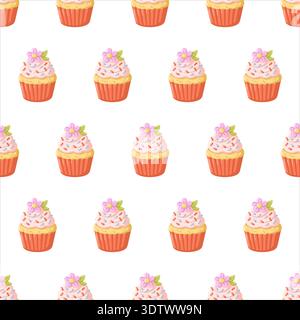 Seamless spring pattern with cupcakes decorated with flowers on white background. Cartoon vector print Stock Vector