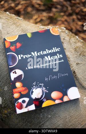 Pro-Metabolic Meals A Ray Peat Inspired Book by Nicky Macias Cook Book Lying on a Tree in a Forest Stock Photo