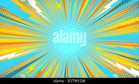 Comic Pop Art Explosion Background with Halftone Dots and Bright Colorful Lightning Rays. Dynamic Retro Burst Banner Poster Template for Advertising. Powerful Vibrant Manga Bg. Vector Illustration Stock Vector