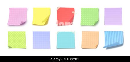 Sticky Notes Colorful Set with Folds, Tape, Cute Pastel Patterns for Planning, Education, Office, Reminder and Scrapbook Design Isolated on White. Vector Illustration Stock Vector